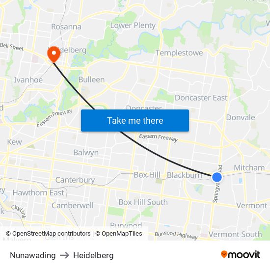 Nunawading to Heidelberg map