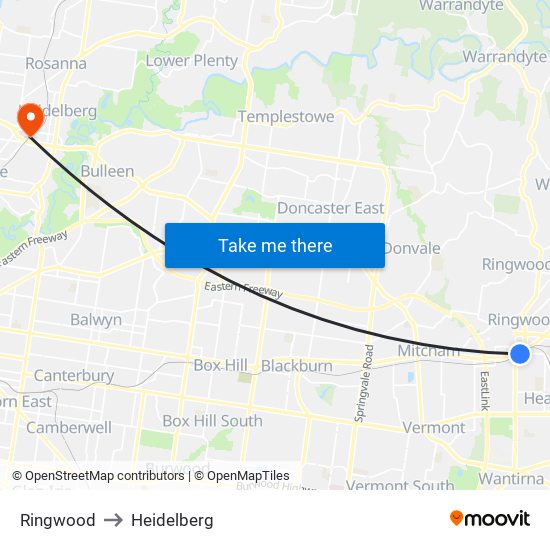 Ringwood to Heidelberg map