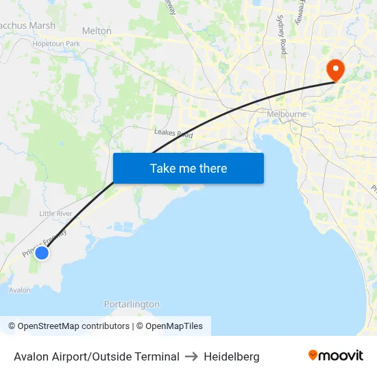 Avalon Airport/Outside Terminal to Heidelberg map