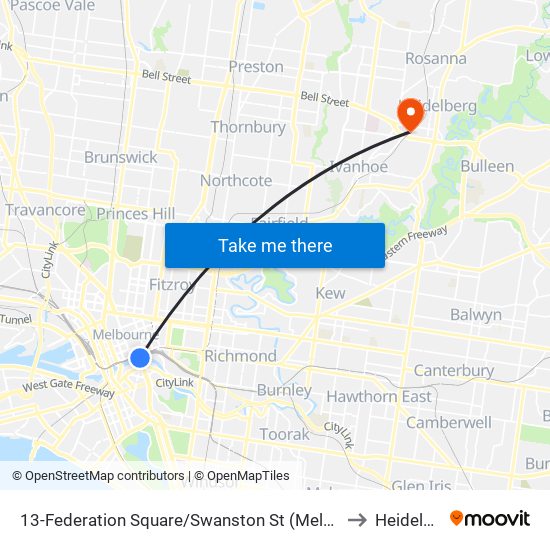 13-Federation Square/Swanston St (Melbourne City) to Heidelberg map