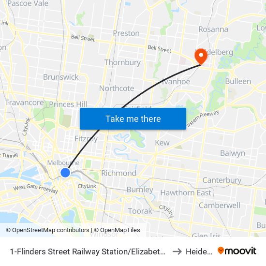 1-Flinders Street Railway Station/Elizabeth St (Melbourne City) to Heidelberg map