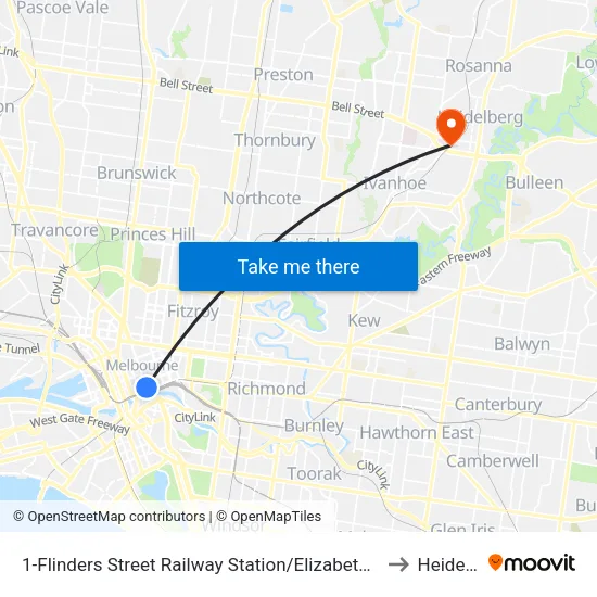 Flinders Street Railway Station/Elizabeth St #1 to Heidelberg map