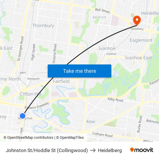 Johnston St/Hoddle St (Collingwood) to Heidelberg map