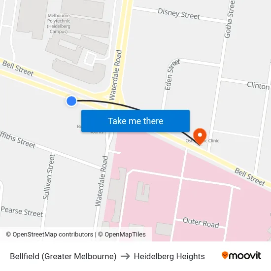 Bellfield (Greater Melbourne) to Heidelberg Heights map