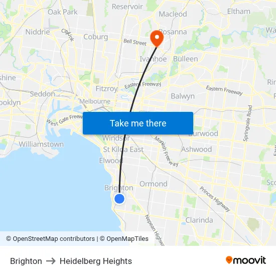 Brighton to Heidelberg Heights map
