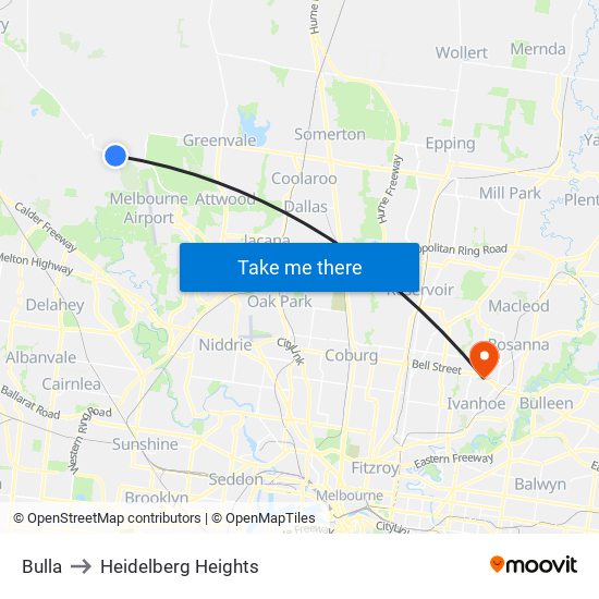 Bulla to Heidelberg Heights map