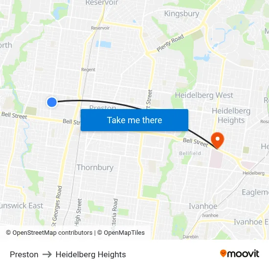 Preston to Heidelberg Heights map
