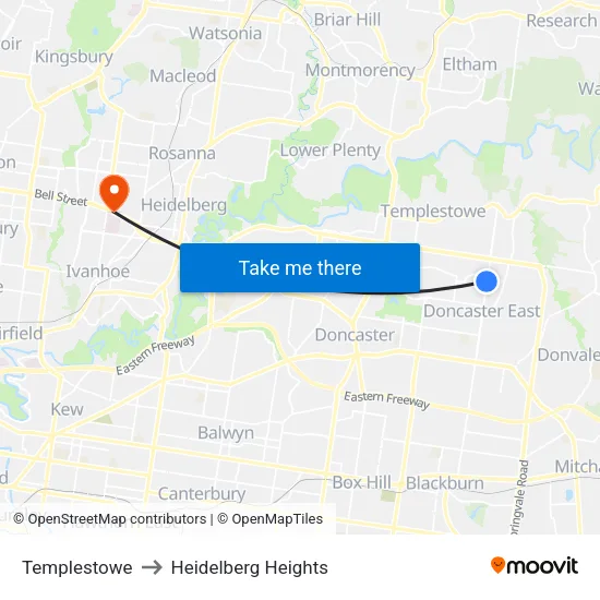 Templestowe to Heidelberg Heights map