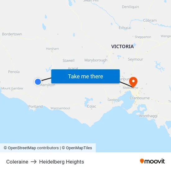Coleraine to Heidelberg Heights map