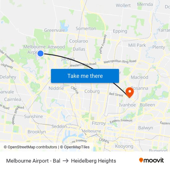 Melbourne Airport - Bal to Heidelberg Heights map