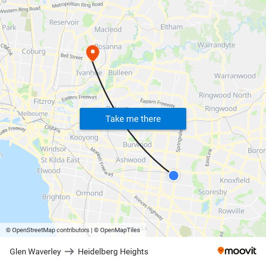 Glen Waverley to Heidelberg Heights map