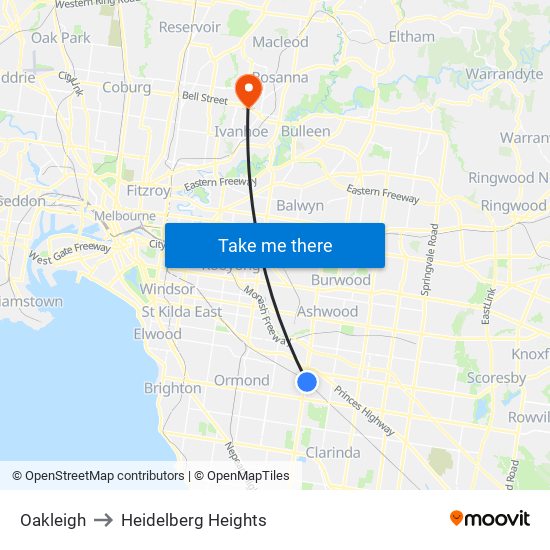 Oakleigh to Heidelberg Heights map