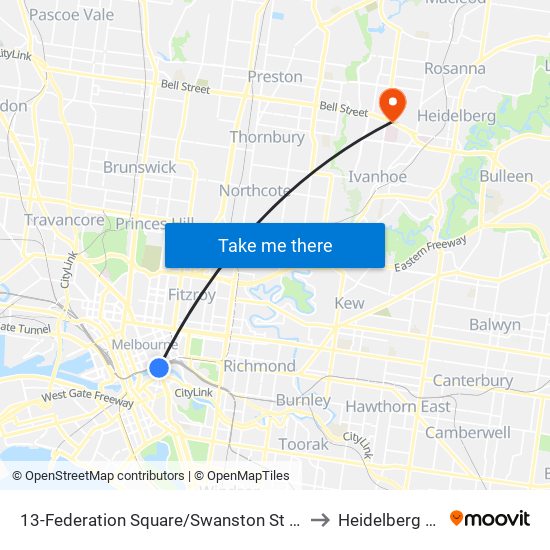 13-Federation Square/Swanston St (Melbourne City) to Heidelberg Heights map