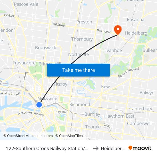 122-Southern Cross Railway Station/Spencer St (Melbourne City) to Heidelberg Heights map