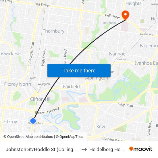 Johnston St/Hoddle St (Collingwood) to Heidelberg Heights map