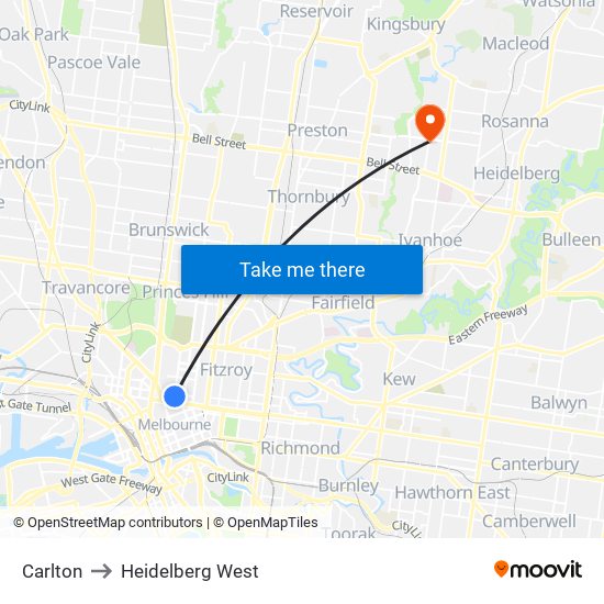 Carlton to Heidelberg West map