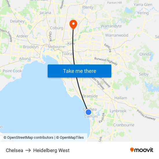 Chelsea to Heidelberg West map