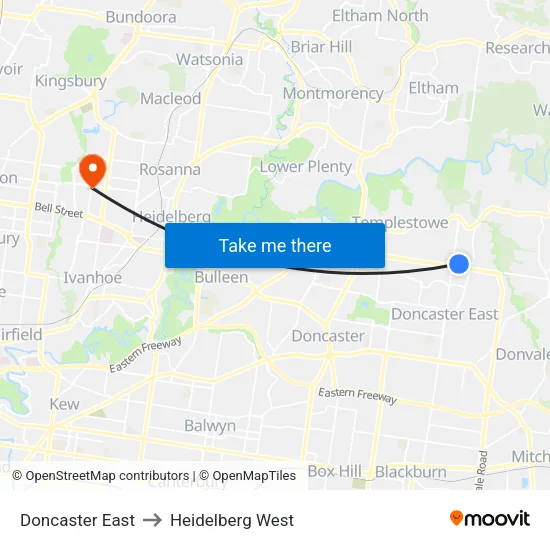 Doncaster East to Heidelberg West map