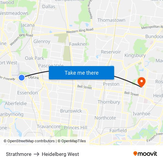 Strathmore to Heidelberg West map