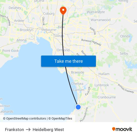 Frankston to Heidelberg West map