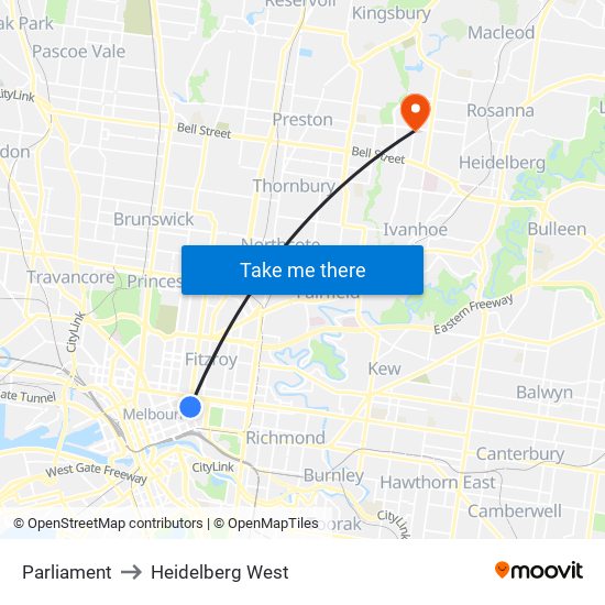 Parliament to Heidelberg West map