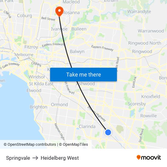 Springvale to Heidelberg West map