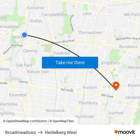 Broadmeadows to Heidelberg West map