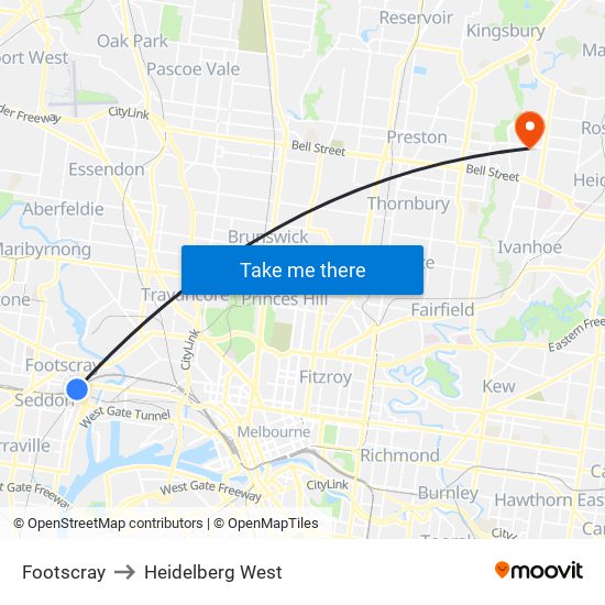 Footscray to Heidelberg West map