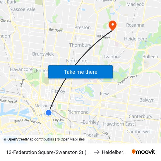 13-Federation Square/Swanston St (Melbourne City) to Heidelberg West map