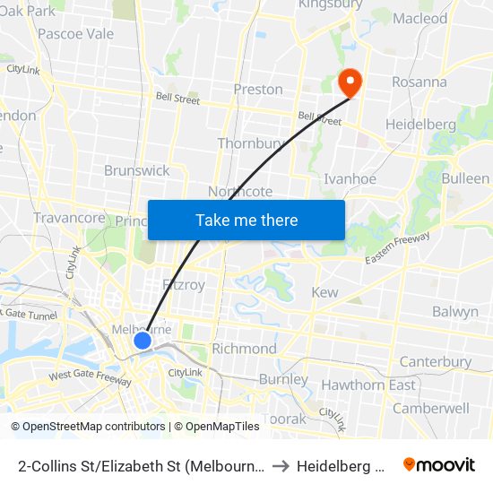 2-Collins St/Elizabeth St (Melbourne City) to Heidelberg West map