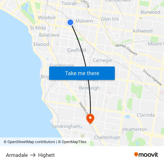 Armadale to Highett map