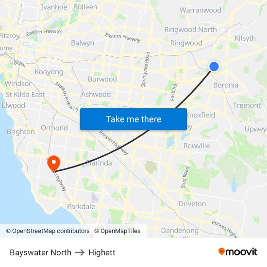 Bayswater North to Highett map