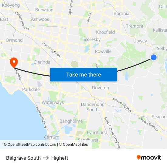 Belgrave South to Highett map