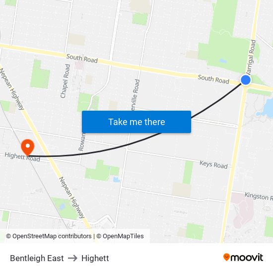 Bentleigh East to Highett map