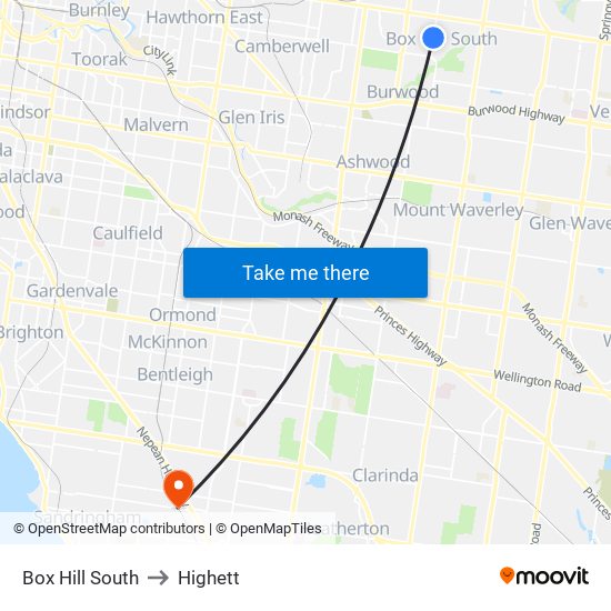 Box Hill South to Highett map