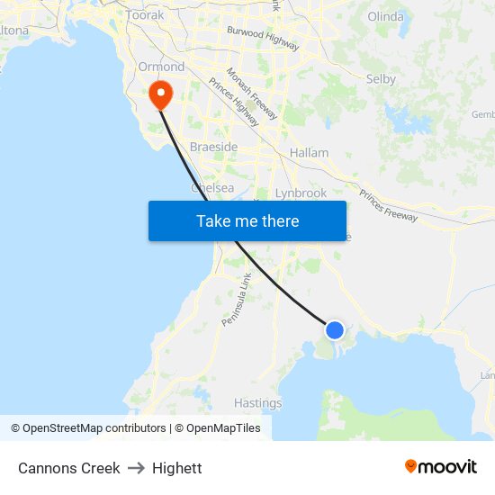 Cannons Creek to Highett map