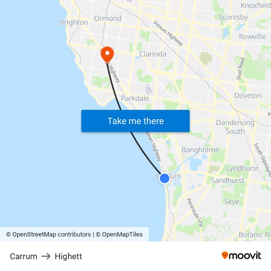 Carrum to Highett map