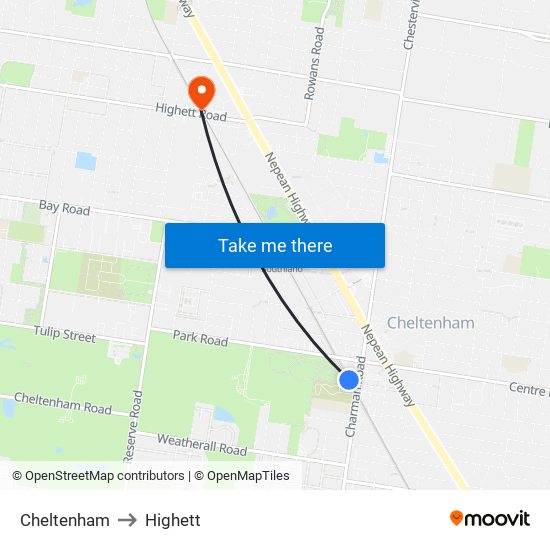 Cheltenham to Highett map