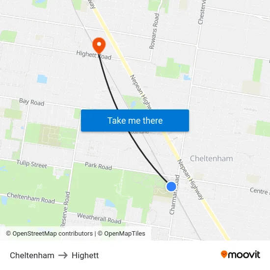 Cheltenham to Highett map