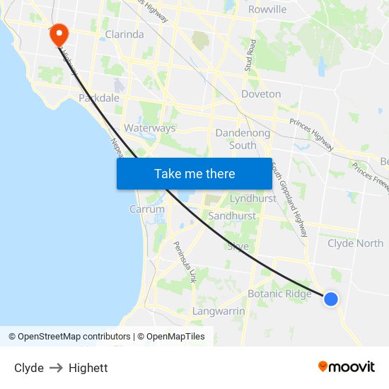 Clyde to Highett map