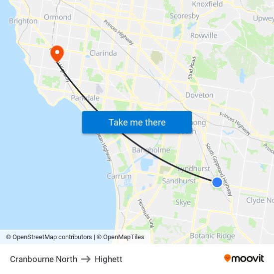 Cranbourne North to Highett map