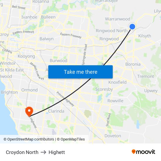 Croydon North to Highett map