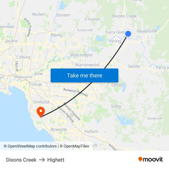 Dixons Creek to Highett map