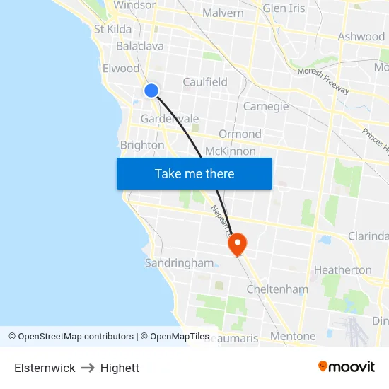 Elsternwick to Highett map