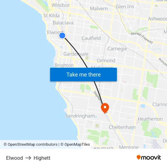Elwood to Highett map