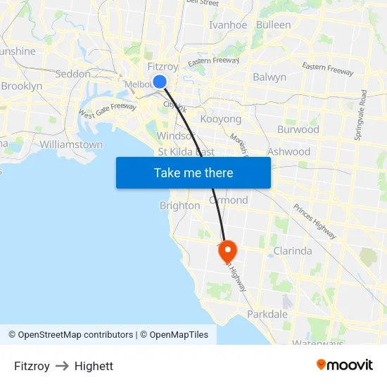 Fitzroy to Highett map