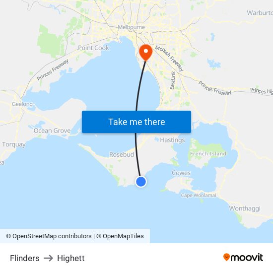 Flinders to Highett map