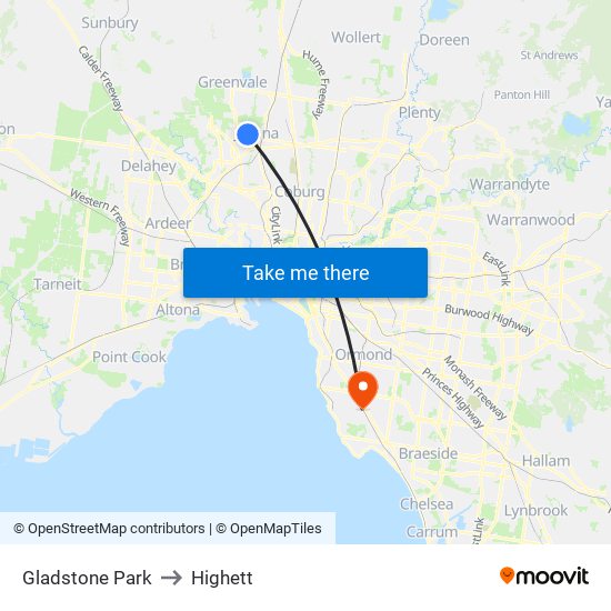 Gladstone Park to Highett map