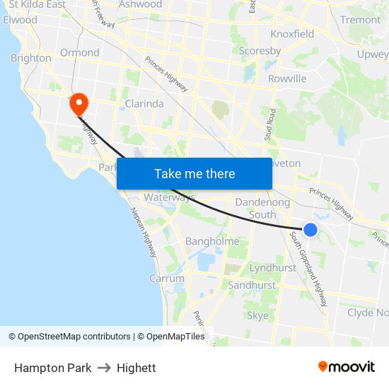 Hampton Park to Highett map
