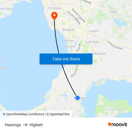 Hastings to Highett map